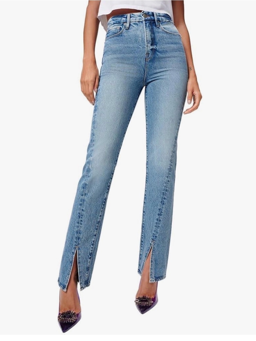 Good American Good Boy Jeans 27 High Rise Curvy Straight Slit Hem Light Wash